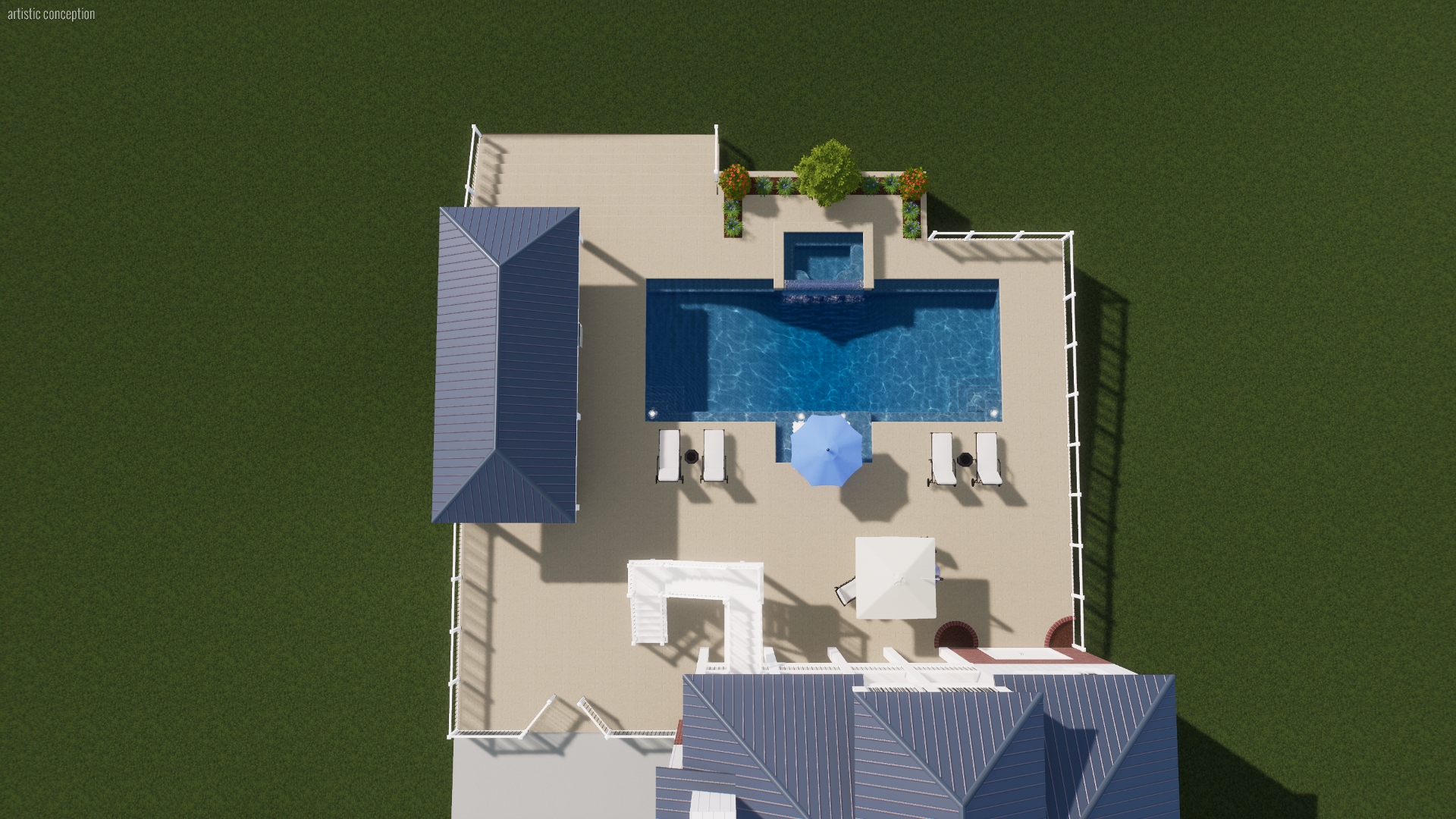 Top-down view of a backyard with a swimming pool, deck chairs, umbrellas, and surrounding green lawn.