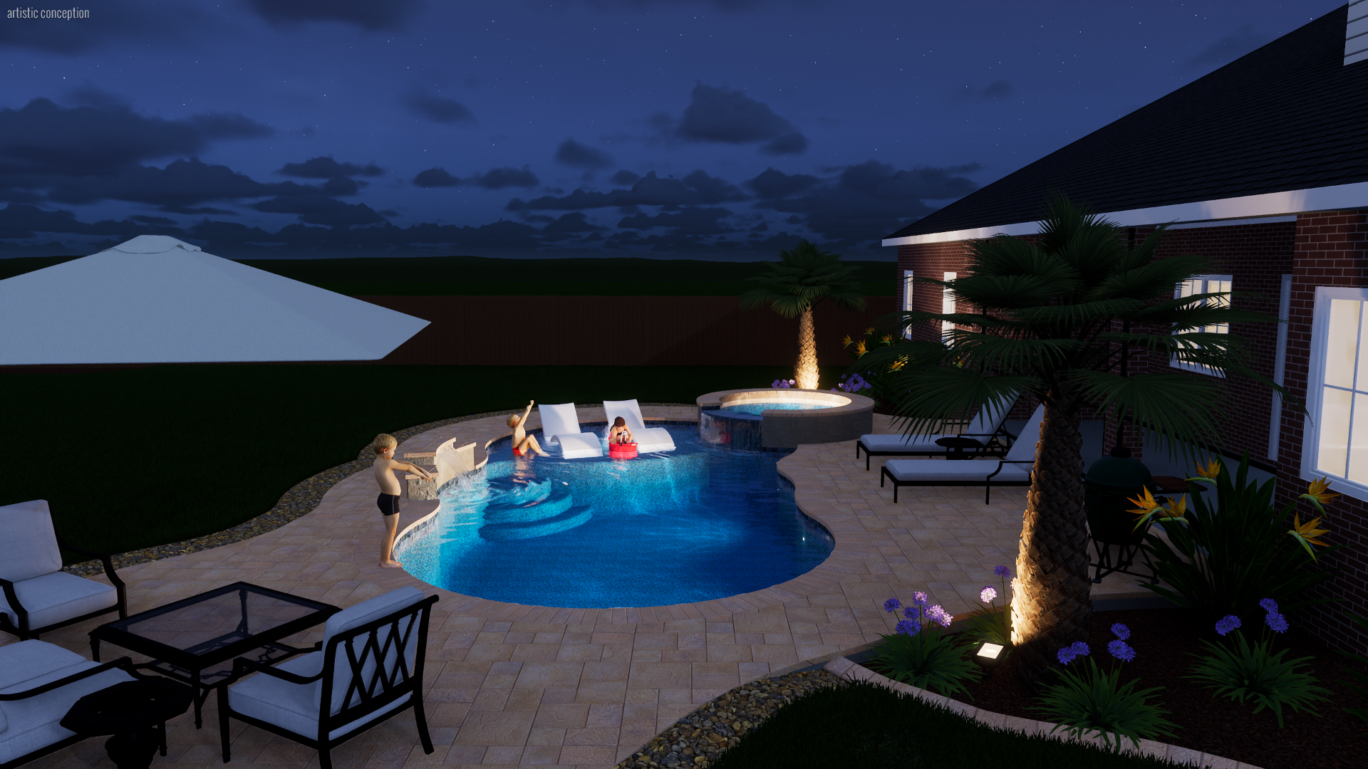 Nighttime backyard scene with a lit swimming pool, a hot tub, children playing in the pool, lounge chairs, umbrella, palm trees, and house windows glowing.