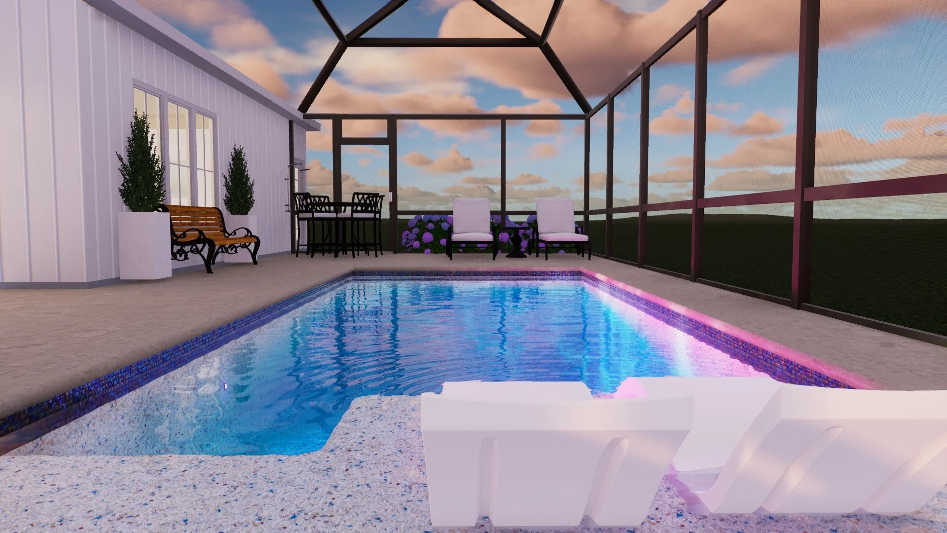 Enclosed backyard patio with a small pool, white lounge chairs, a wood bench, and a black outdoor dining set, overlooking a scenic sky with clouds.