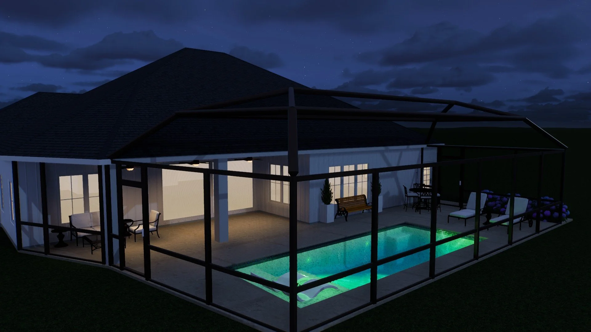 Nighttime view of a house with a partially enclosed patio, illuminated pool, outdoor furniture, and a pergola frame, under a cloudy sky.
