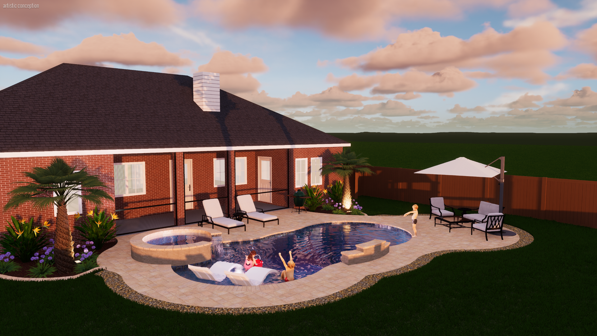 A backyard with a swimming pool, hot tub, lounge chairs, umbrellas, and palm trees, next to a brick house under a cloudy sky.
