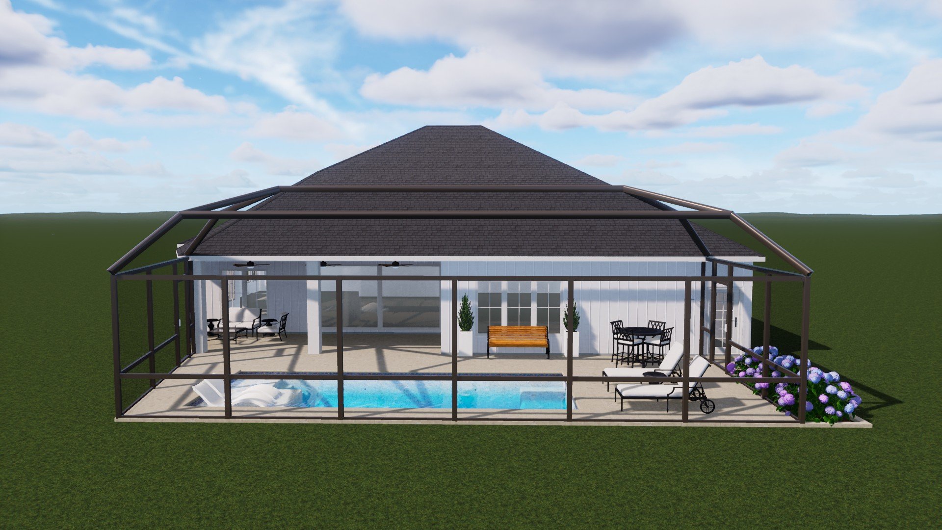 Backyard pool area enclosed by a screen structure with patio furniture, lounge chairs, and flowering bushes.