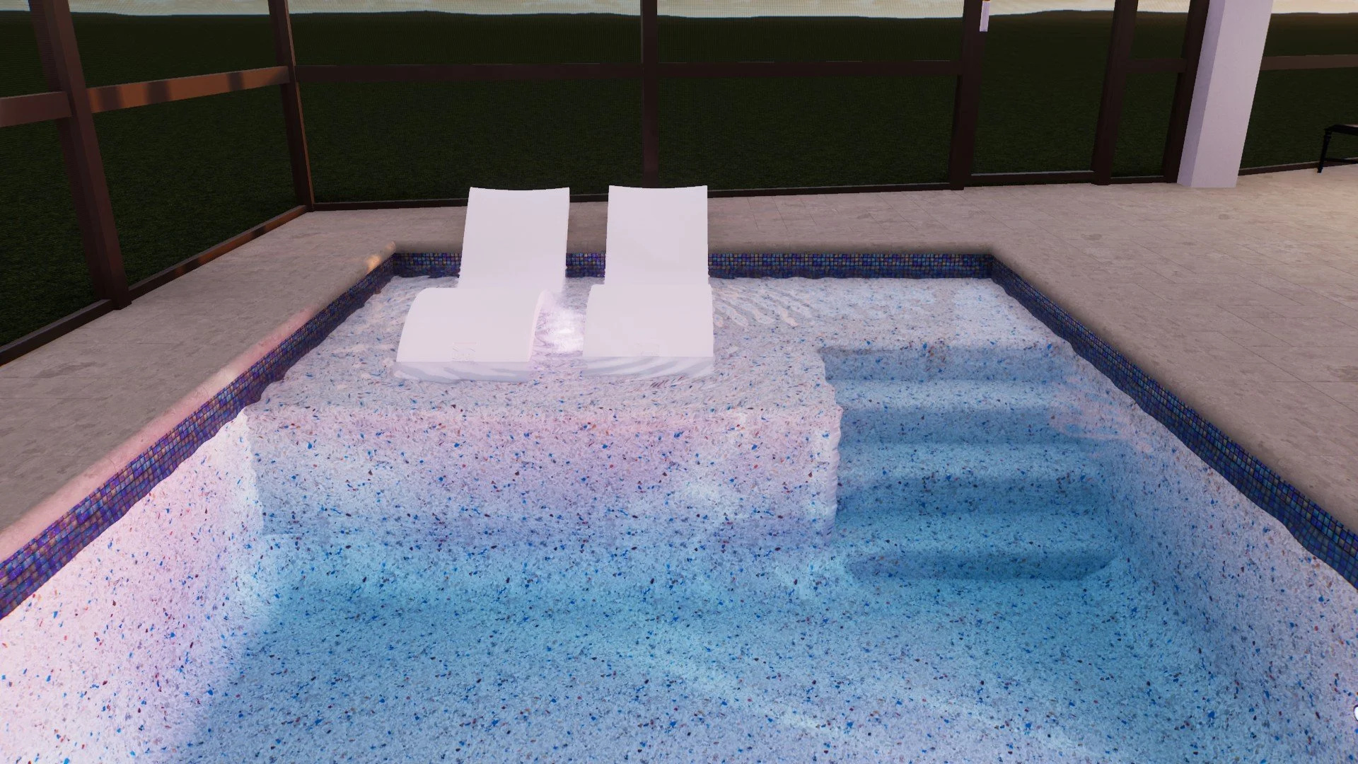 Empty swimming pool with two white lounge chairs on a raised platform at the edge of the pool. The pool is surrounded by a tiled deck, enclosed by a glass fence, and there is grass and a bench outside the fence.