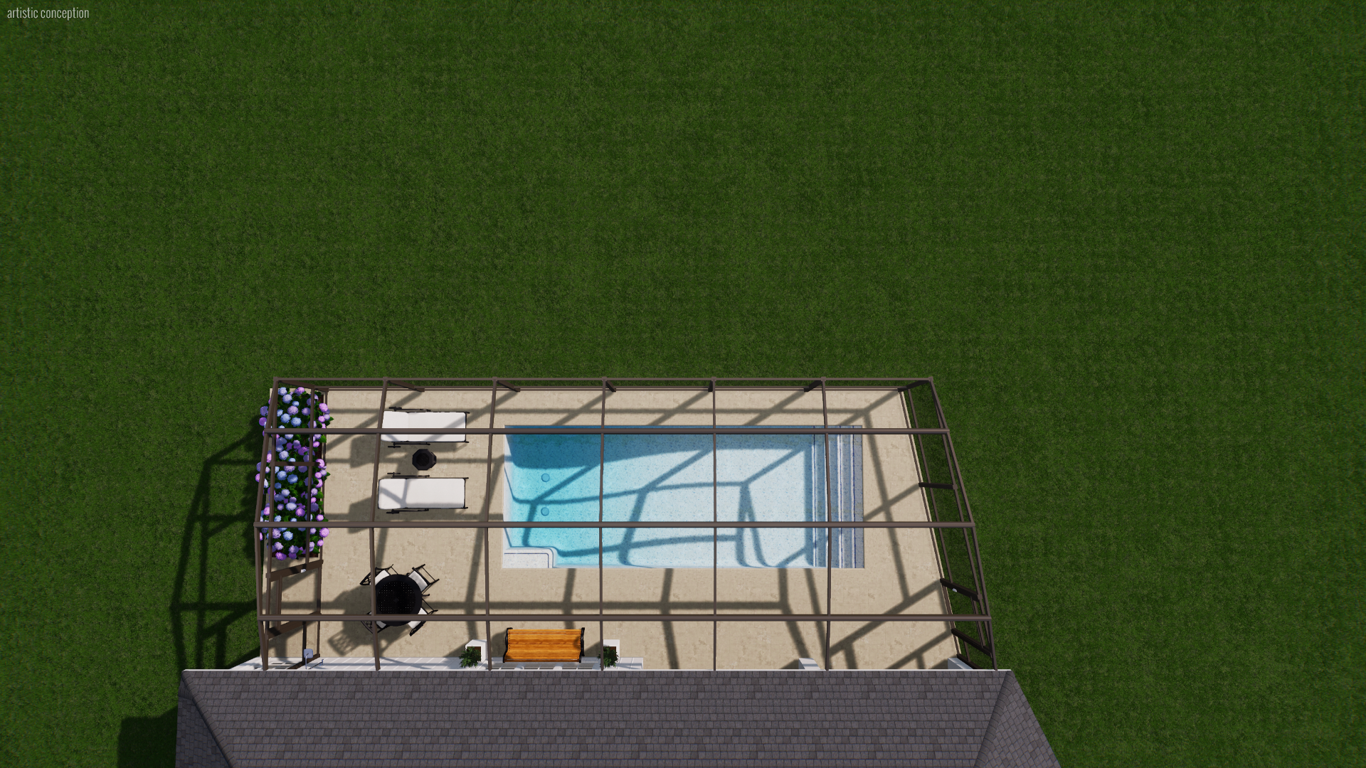 A glass-covered backyard patio with a swimming pool, two lounge chairs, a table with chairs, a flower bed with purple flowers, and outdoor furniture on beige flooring, surrounded by green grass.