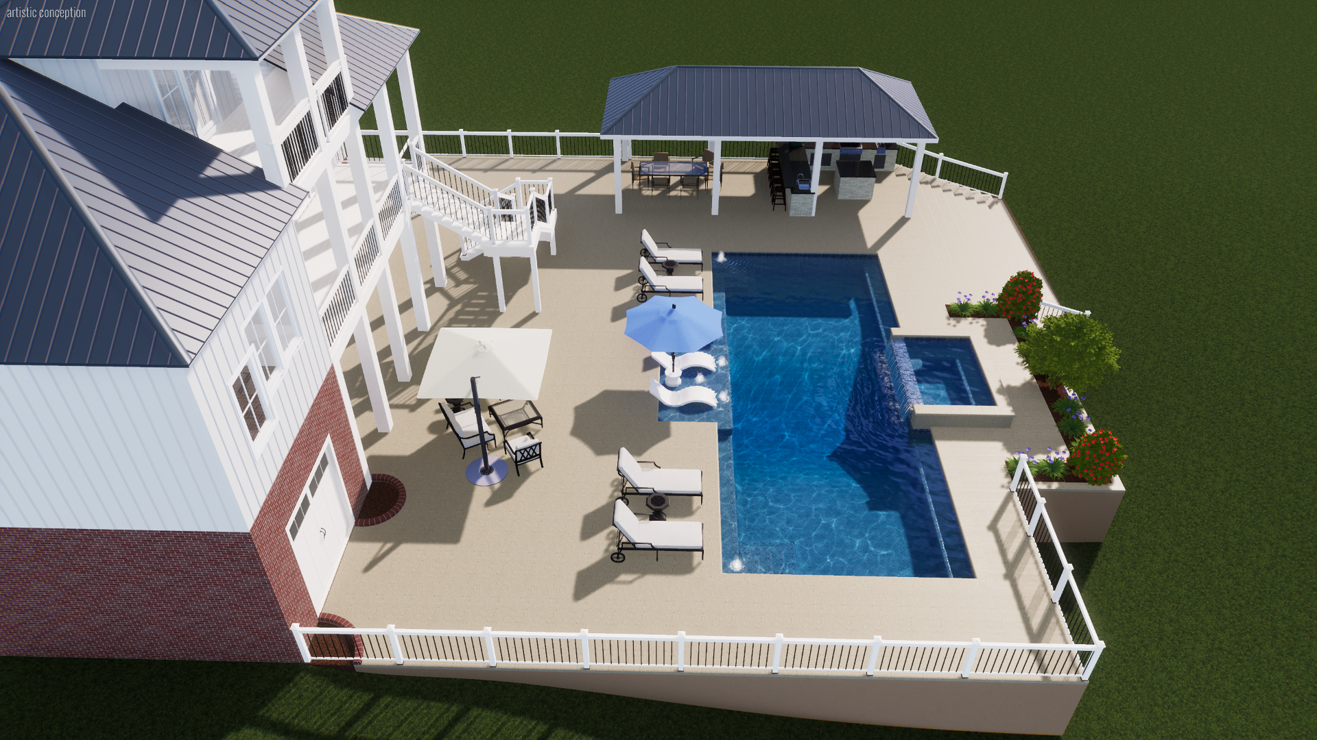 Rendering of a backyard with a swimming pool, poolside loungers, a patio with tables and umbrellas, a covered outdoor kitchen area, and a fenced lawn area.