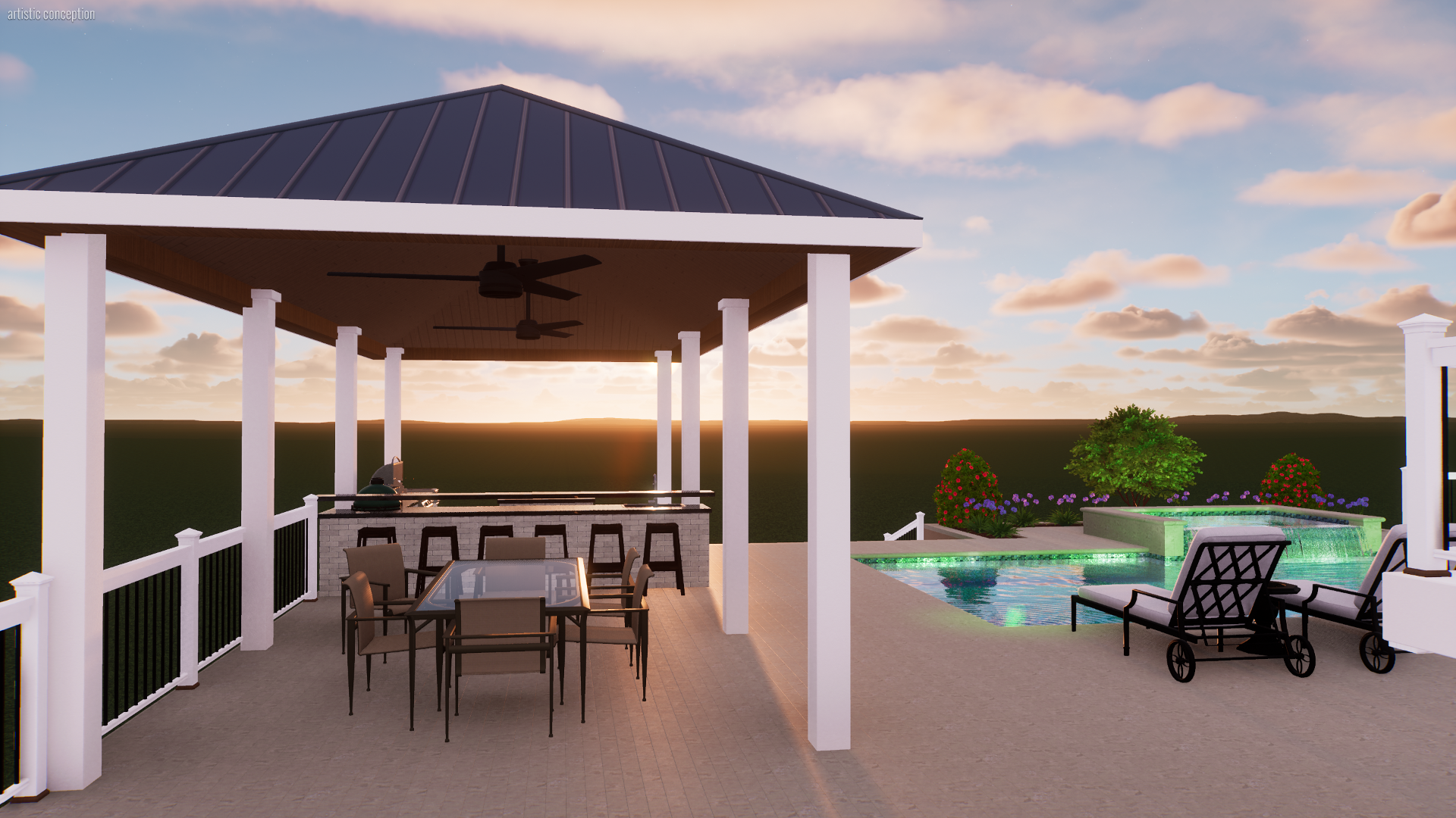 An outdoor patio area with a covered bar and dining space, swimming pool, lounge chairs, and landscaped garden at sunset.