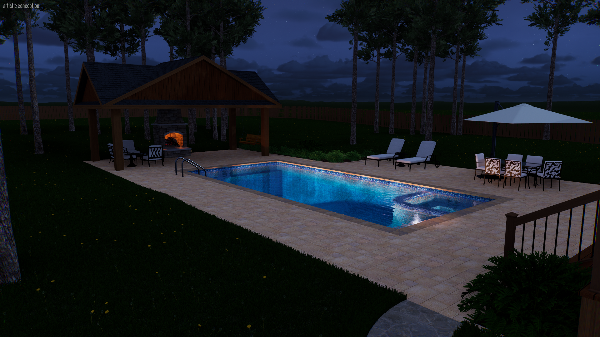 Nighttime view of a backyard with a lit swimming pool, surrounded by a patio with lounge chairs, a dining table with chairs under an umbrella, and a covered outdoor fireplace area with seating, all enclosed by a wooden fence and tall trees under a st