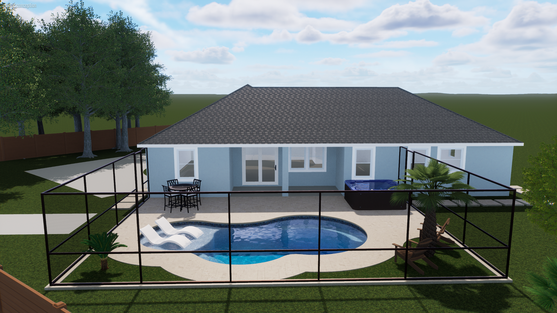 A backyard with a swimming pool, lounge chairs, a hot tub, patio furniture, a palm tree, and a screened enclosure, with a house, trees, and a cloudy sky in the background.