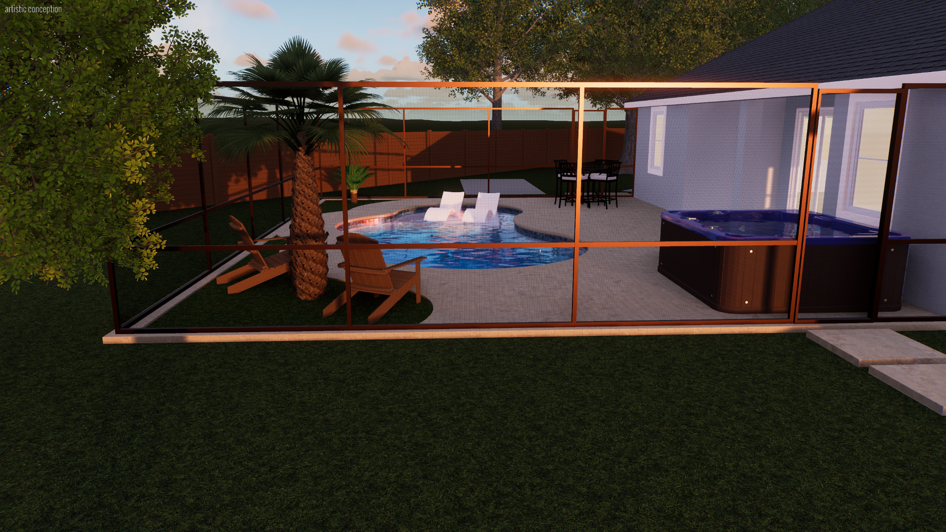 Enclosed backyard with swimming pool, palm tree, lounge chairs, dining table, hot tub, and surrounding greenery.