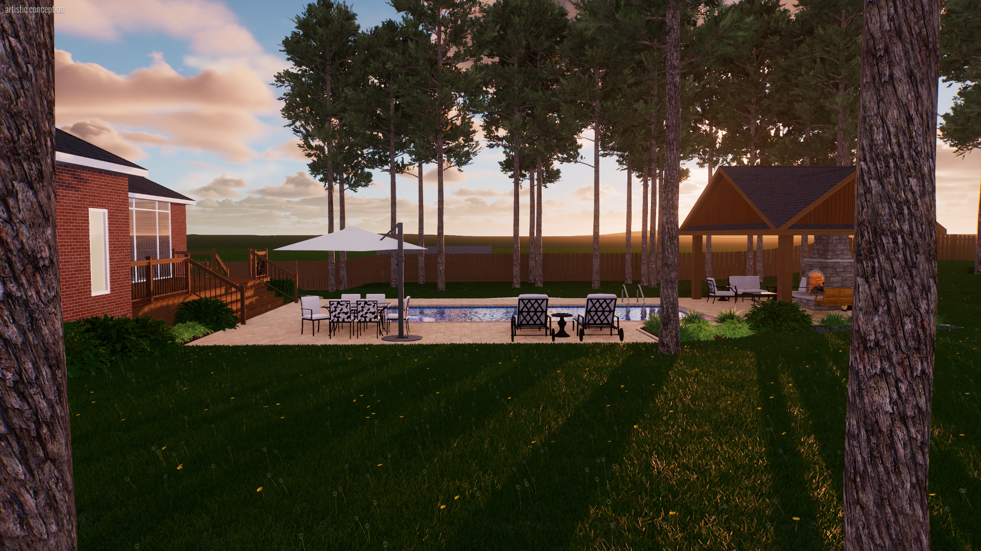 A backyard patio area with a swimming pool, surrounded by tall trees, with outdoor furniture including a table with an umbrella, lounge chairs, and a freestanding fireplace or grill structure, during sunset.