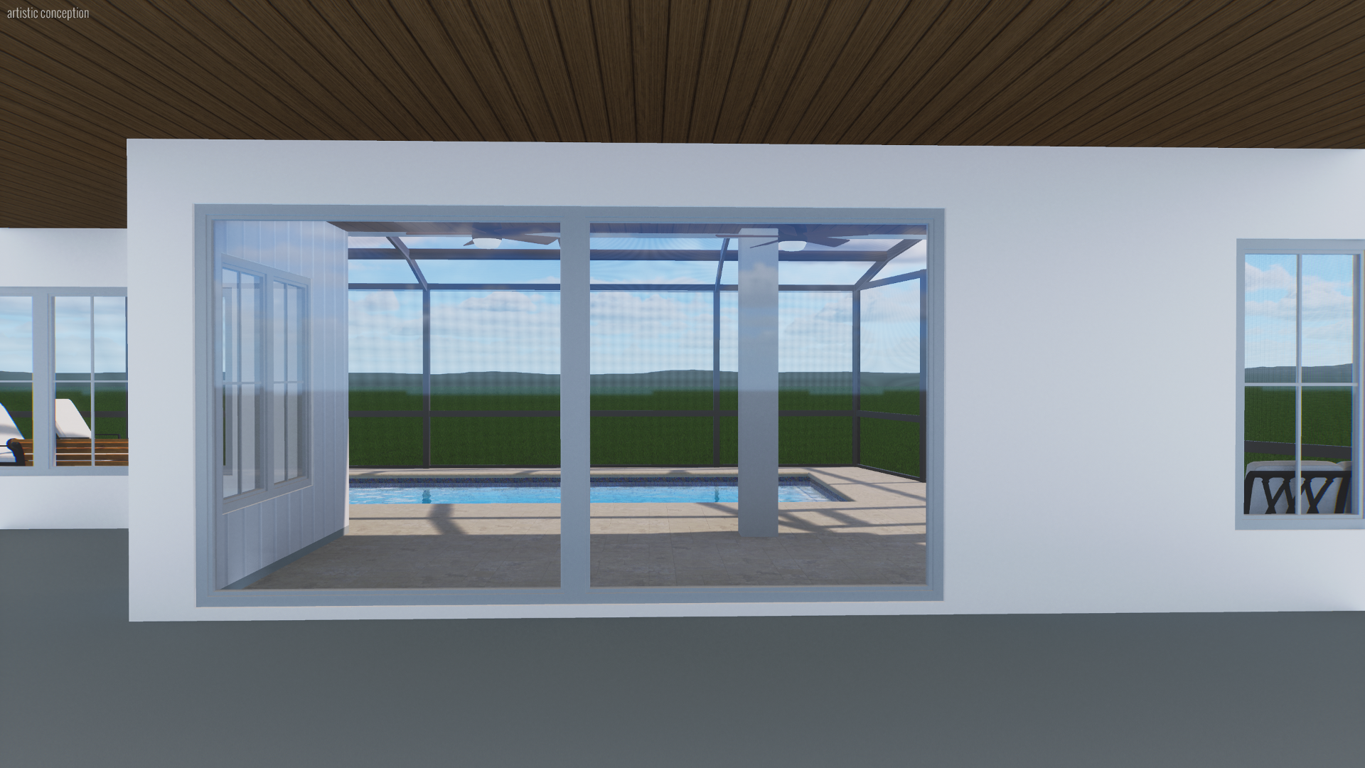 View of a screened-in pool area through large glass sliding doors inside a modern house with white walls and a wooden ceiling.