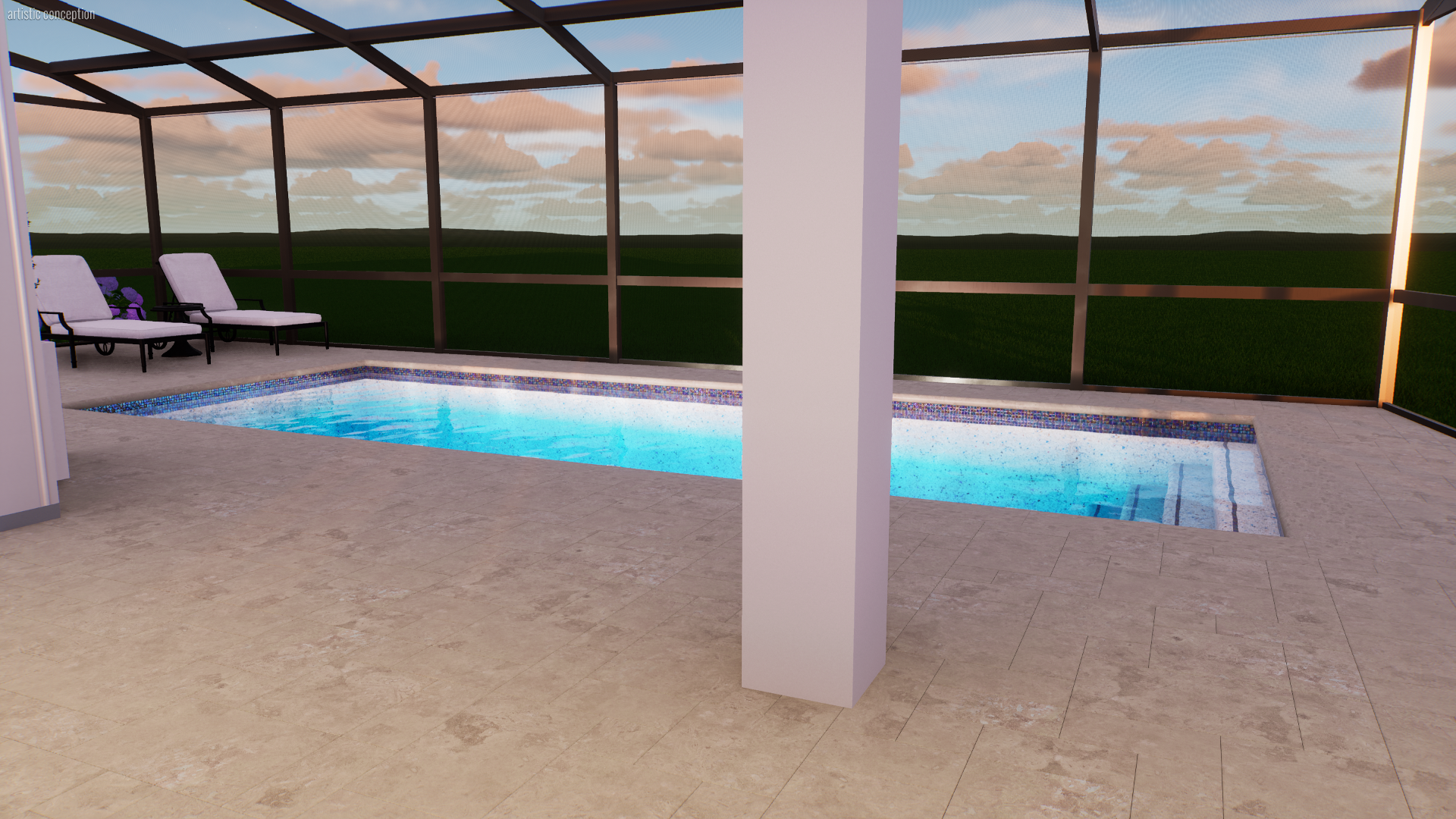 Enclosed backyard with small rectangular swimming pool, beige tile flooring, two white lounge chairs with black frames, glass screen enclosure, green landscape and cloudy sky visible through the enclosure.