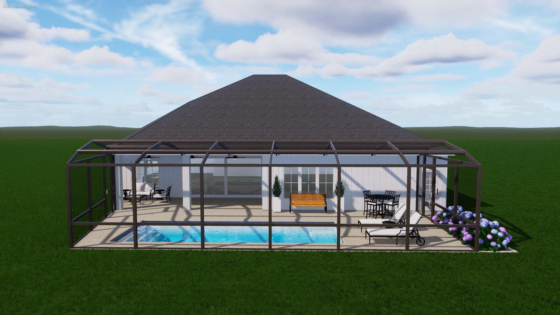 Backyard with enclosed swimming pool, poolside lounge chairs, outdoor table with chairs, potted plants, and flowers, adjacent to a house with large windows, under a partly cloudy sky.