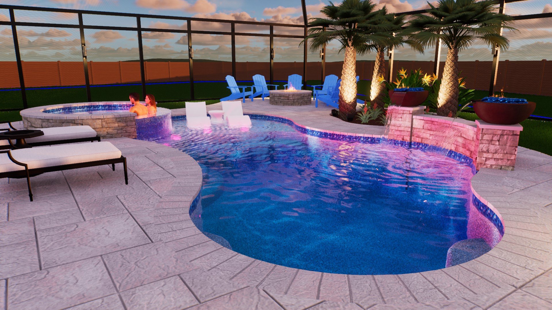 A backyard swimming pool area at sunset with lounge chairs, palm trees, and landscaping. Two people are relaxing in the hot tub, and there are fire pits and seating around the pool.