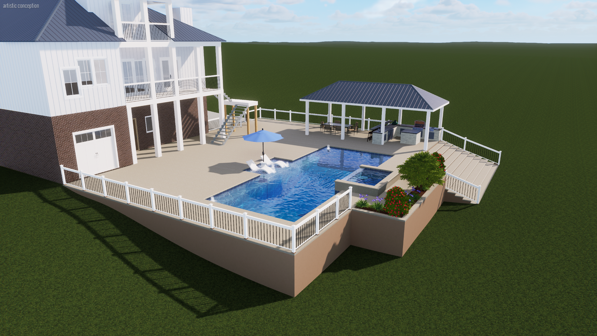 A backyard with a swimming pool, hot tub, and patio area. The house has a white exterior with brick on the lower level. There is a poolside umbrella and lounge chairs, a gazebo with seating, and greenery with flowers around the deck.