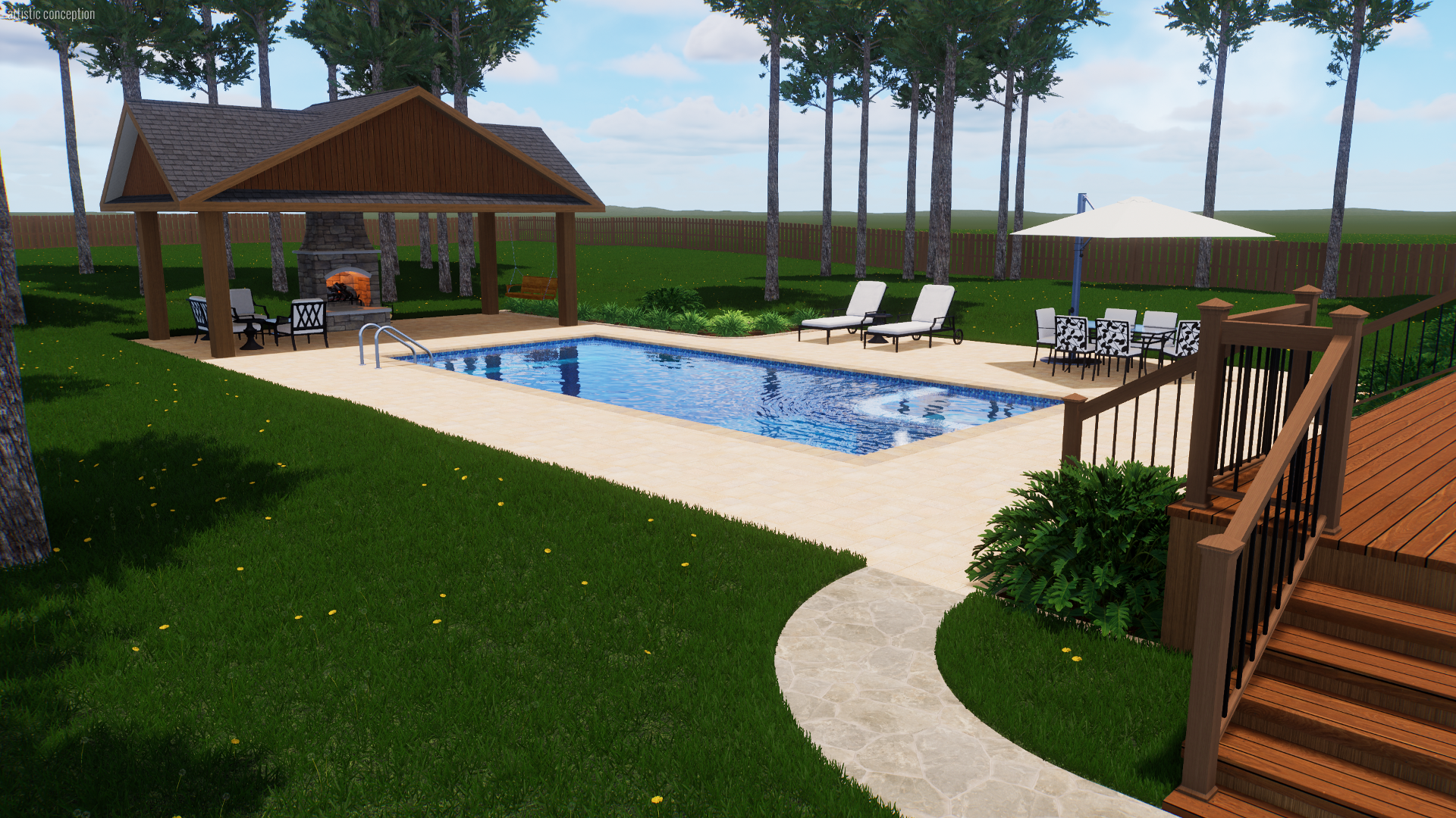 A backyard with a swimming pool, surrounded by green grass, trees, and a wooden fence. There is a covered outdoor fireplace area with benches, several lounge chairs near the pool, a table with chairs and an umbrella, and a wooden staircase leading up