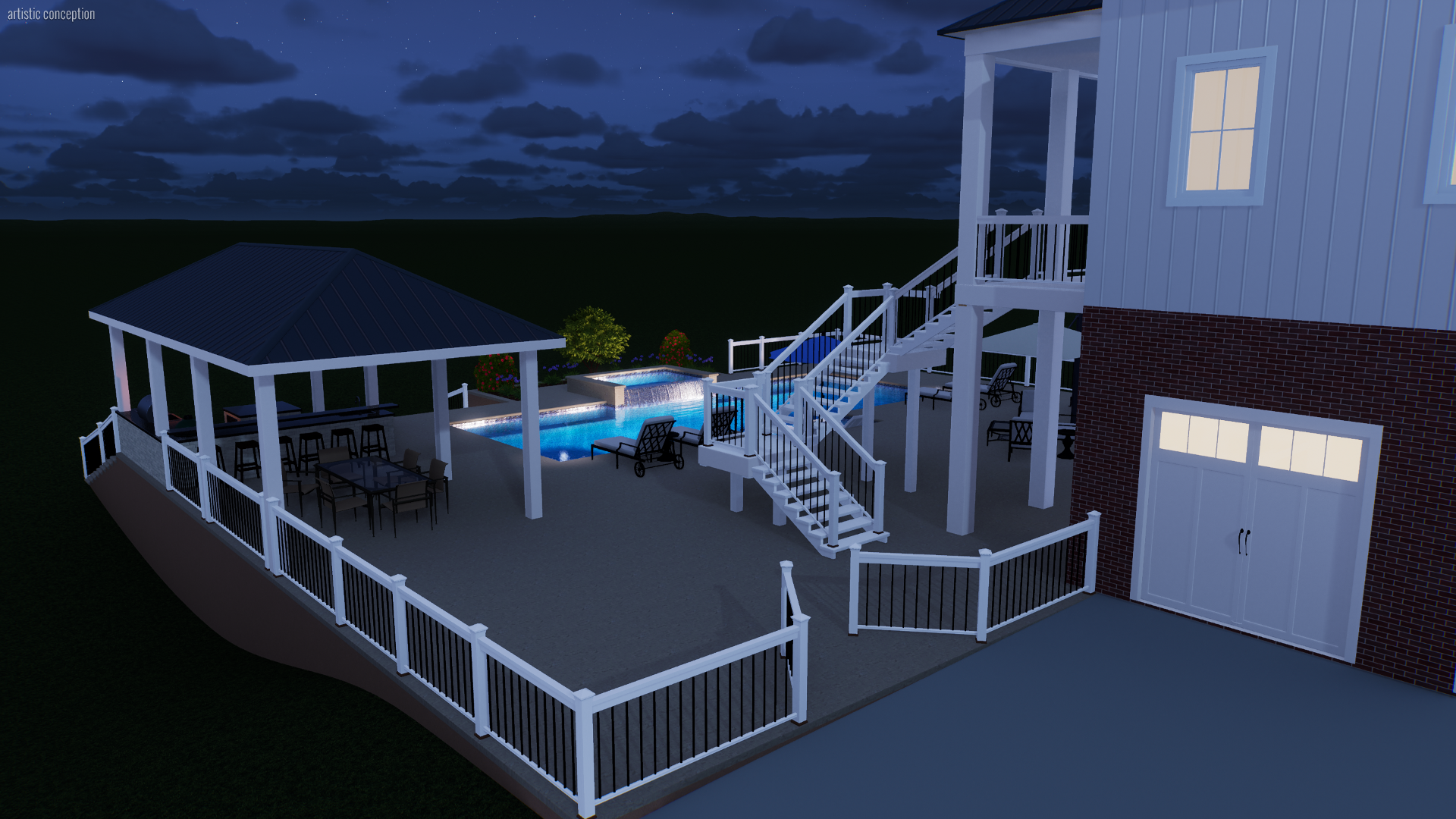 Night view of a backyard with a swimming pool, hot tub, and outdoor seating area. A two-story house with a garage is visible, with a staircase leading to the upper level. The area is illuminated with soft lighting.