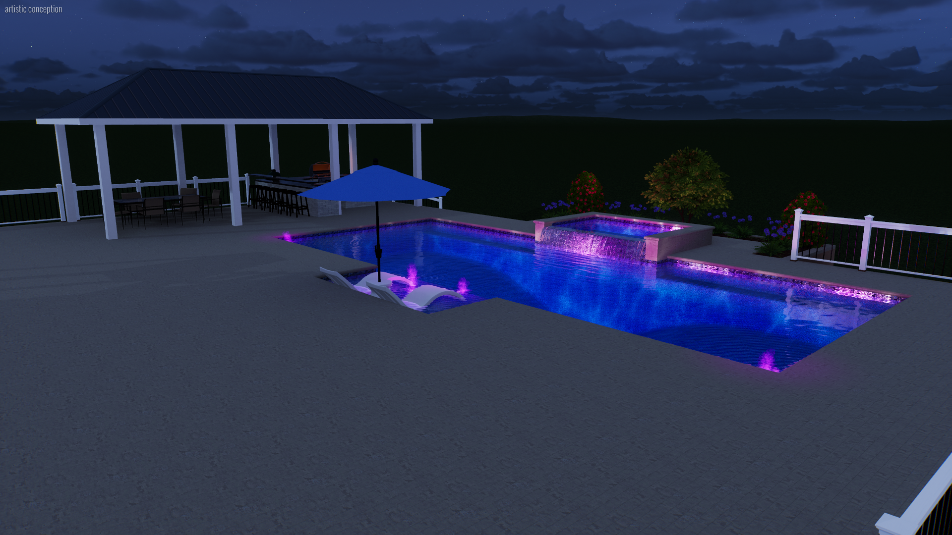 Night view of a backyard with a lit swimming pool illuminated with purple lights, a small waterfall feature, a shaded sitting area with chairs, an umbrella, and a landscape with flowers and trees.