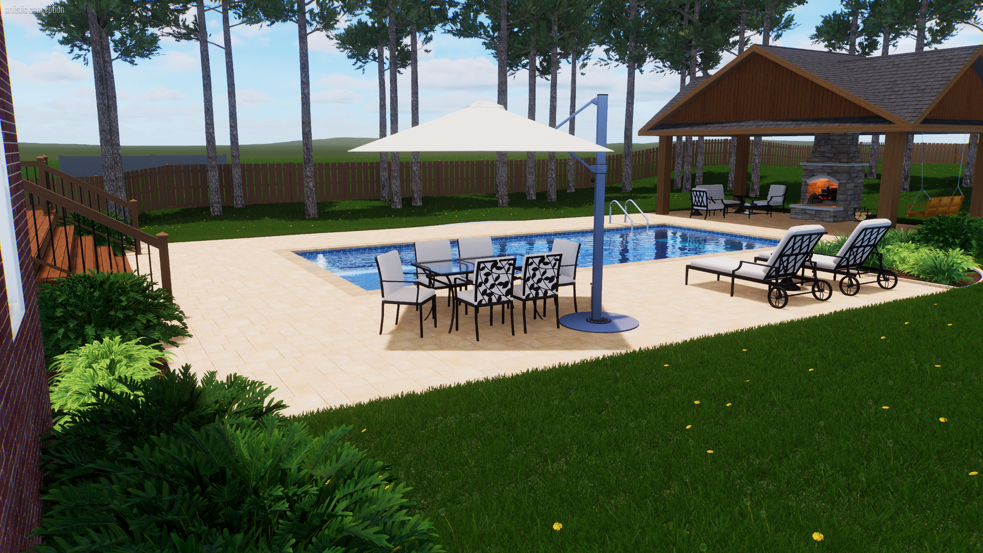 A backyard with a swimming pool, outdoor dining table with chairs, lounge chairs, patio umbrella, fireplace, and a covered sitting area, surrounded by green grass, plants, trees, and a wooden fence.