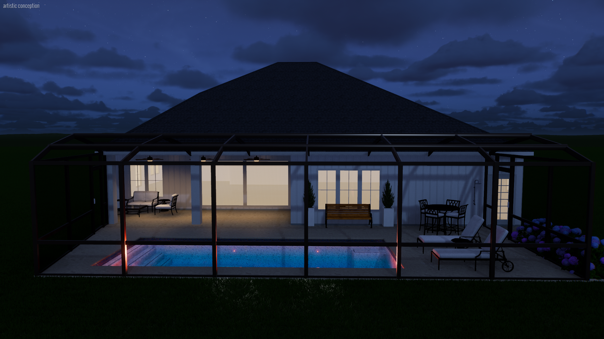Night view of a glass-enclosed home patio with lit swimming pool, outdoor seating, and potted plants, under a cloudy sky.