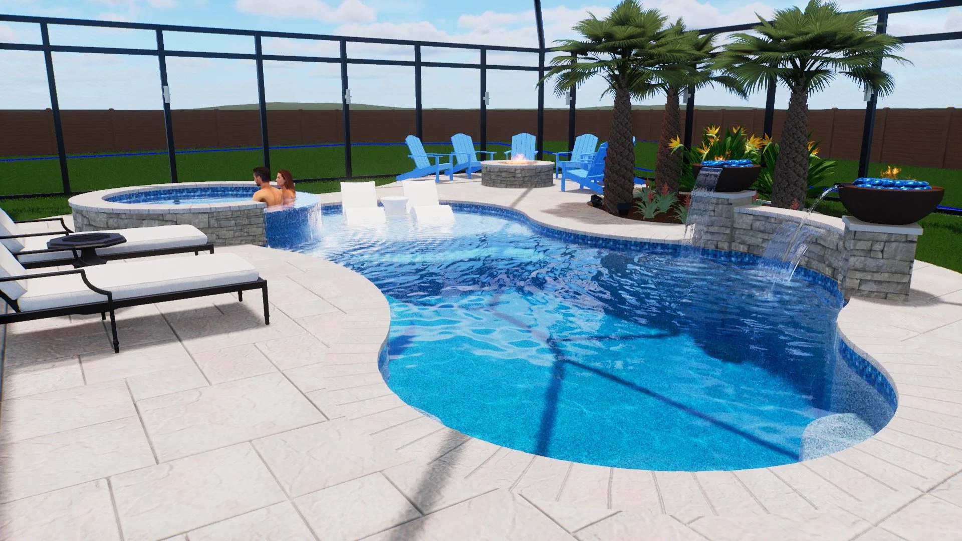 Backyard swimming pool area with chairs, palm trees, greenery, fire pit, and fountain with water features, enclosed by a screened fence.