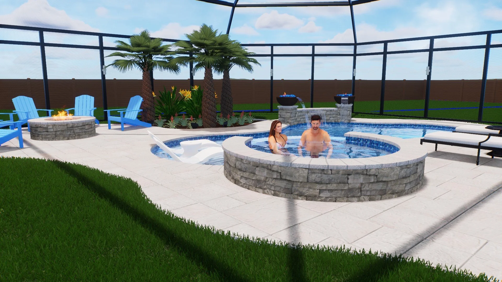 Two people are enjoying a hot tub in a backyard pool area with a fire pit, lounge chairs, palm trees, and a fenced yard under a partly cloudy sky.