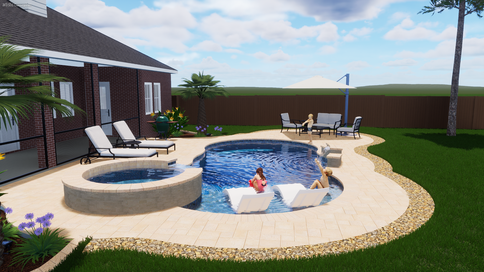 A backyard with a swimming pool and hot tub surrounded by a patio with lounge chairs, tables, and a small garden with plants and flowers. Children are playing by the pool, and a fence encloses the yard with a house on one side and trees in the backgr