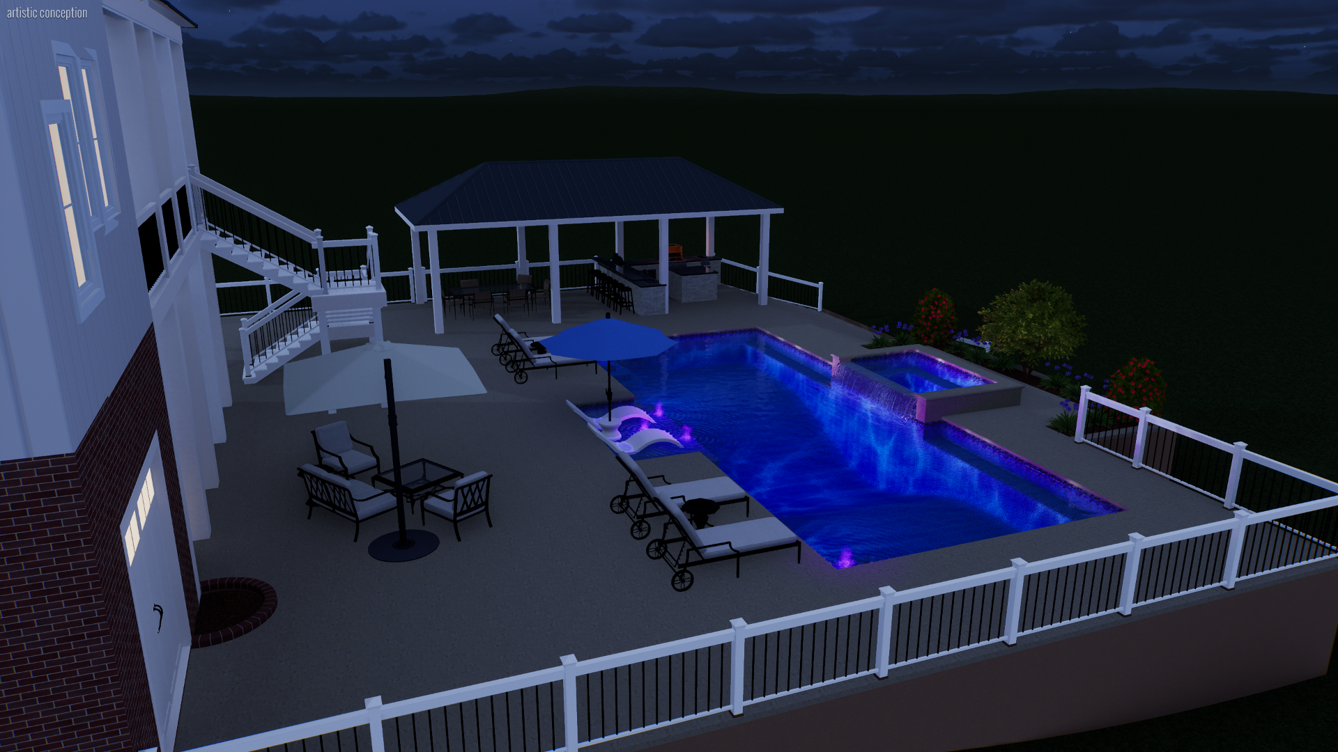 Nighttime view of a backyard swimming pool area with illuminated water, surrounded by a white fence, lounge chairs, umbrellas, a covered outdoor kitchen area, and landscaped bushes.