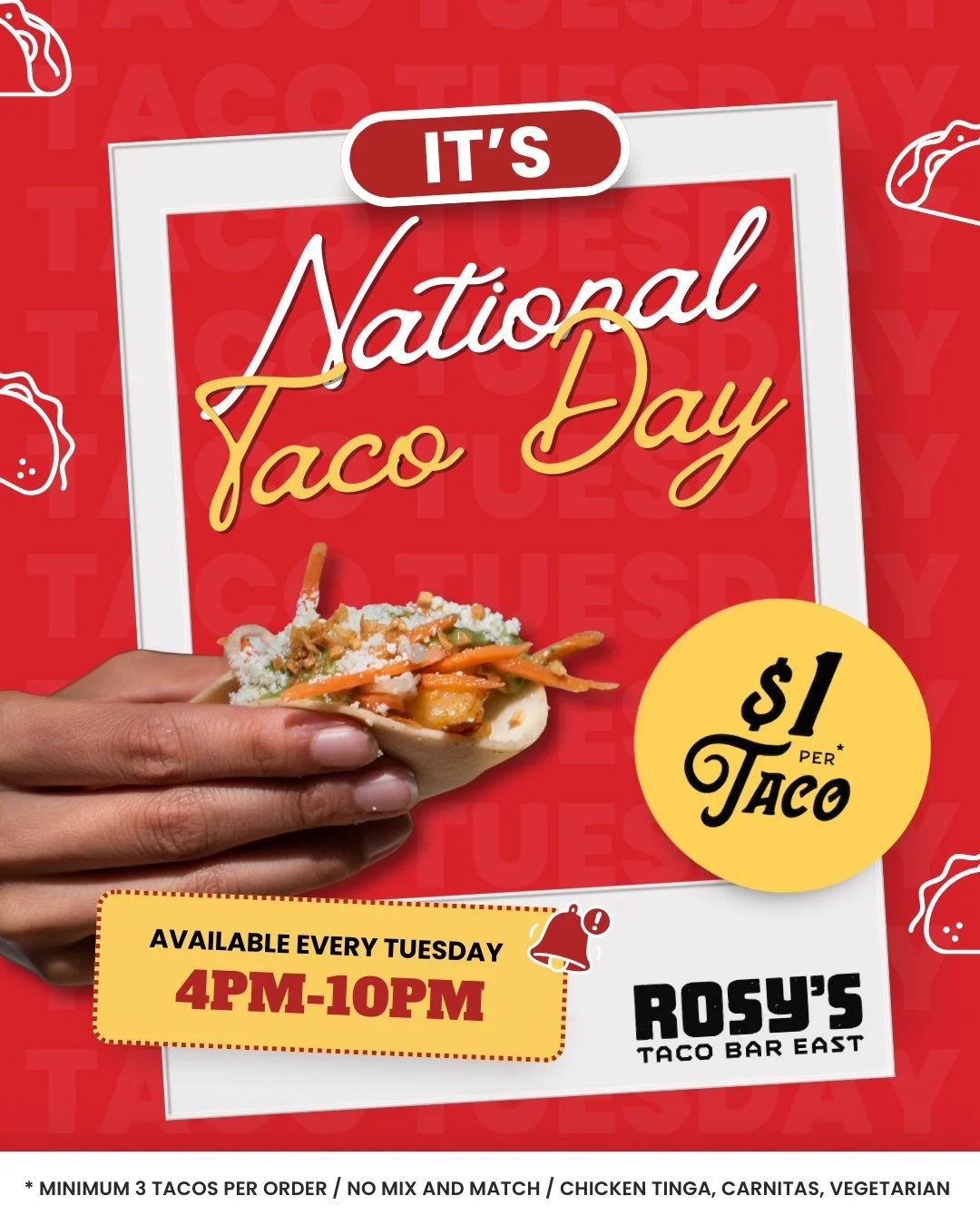 Happy National Taco Day! 🌮🌮
Join us at Rosy's East tonight from 4&ndash;10 PM to celebrate the best holiday of the year! We're serving up an unbeatable trio: $1 Tacos, $5 Margaritas, and $7 Cazadores shots. Bring your appetite and let's make the mo