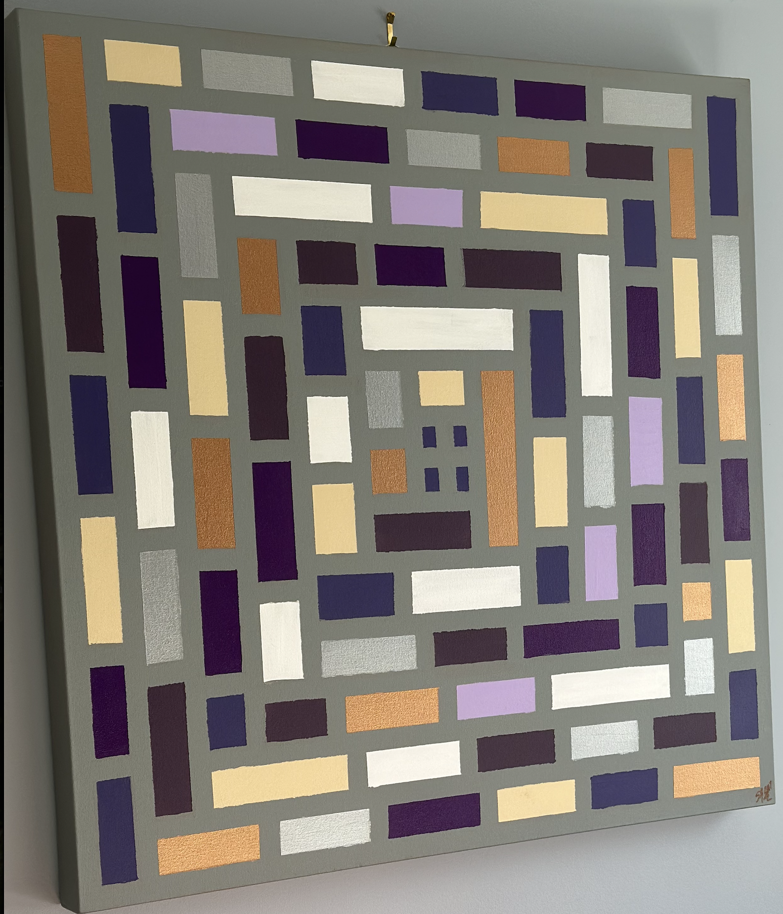 Finding Your Way to Clarity
36 x 36
$1620 [NFS]
This piece explores clarity as a journey rather than a destination. Rendered in shades of purple, gold, gray, and white, the work invites the eye inward, toward a centered space of understanding and cal