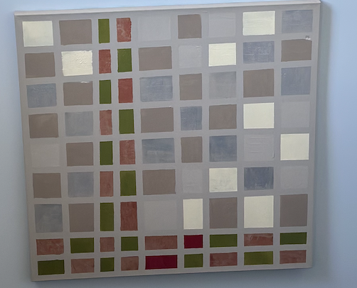 Measures of Grace (2025) Acrylic on canvas
40 x 40
$2,000

Measures of Grace reflects the tension between visible order and lived uncertainty. Soft tones of taupe, silver, white, and buff create a grounded field, while a ladder and track move through