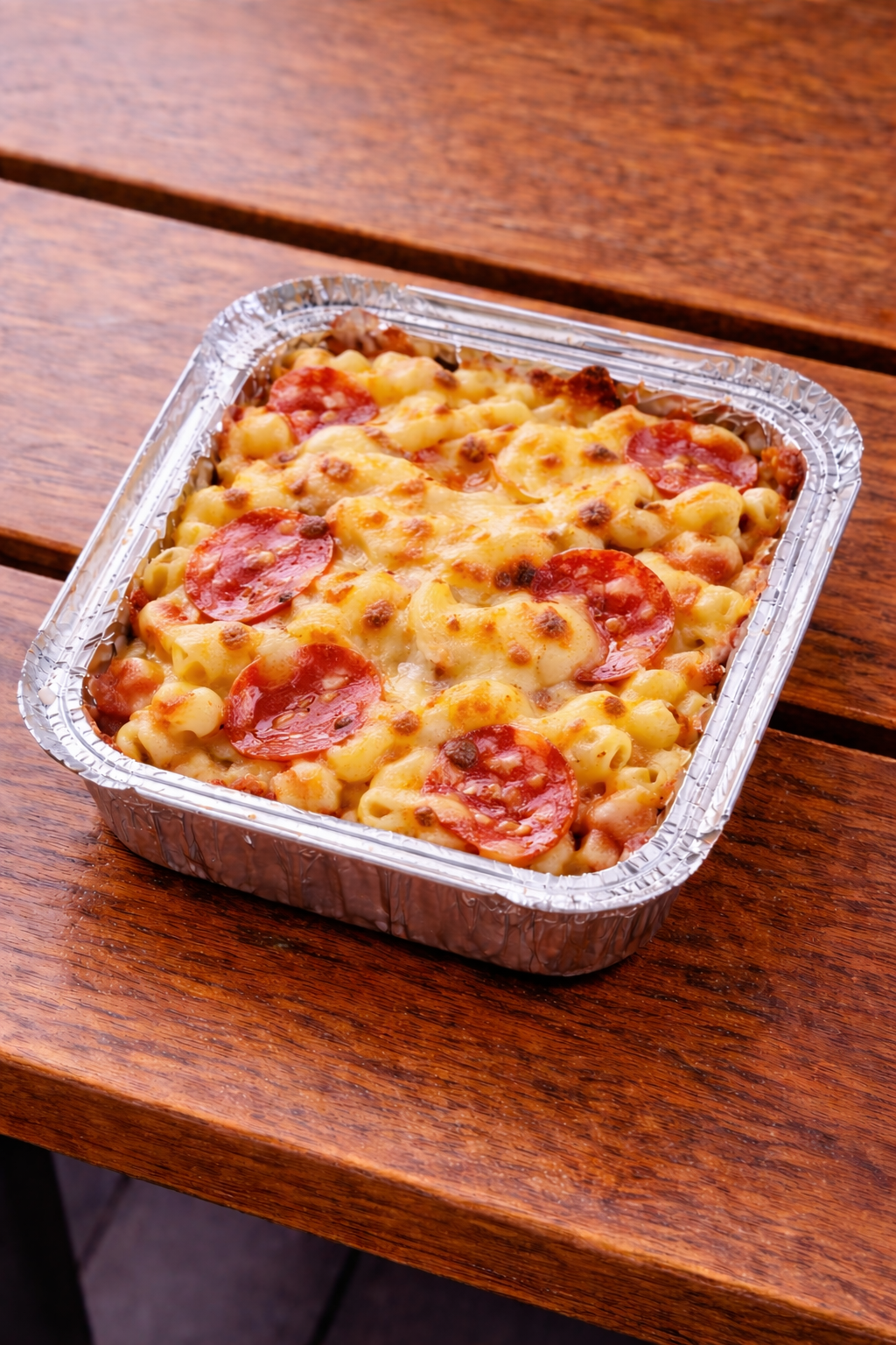 A tray of baked macaroni and cheese with pepperoni slices on top, placed on a wooden table.