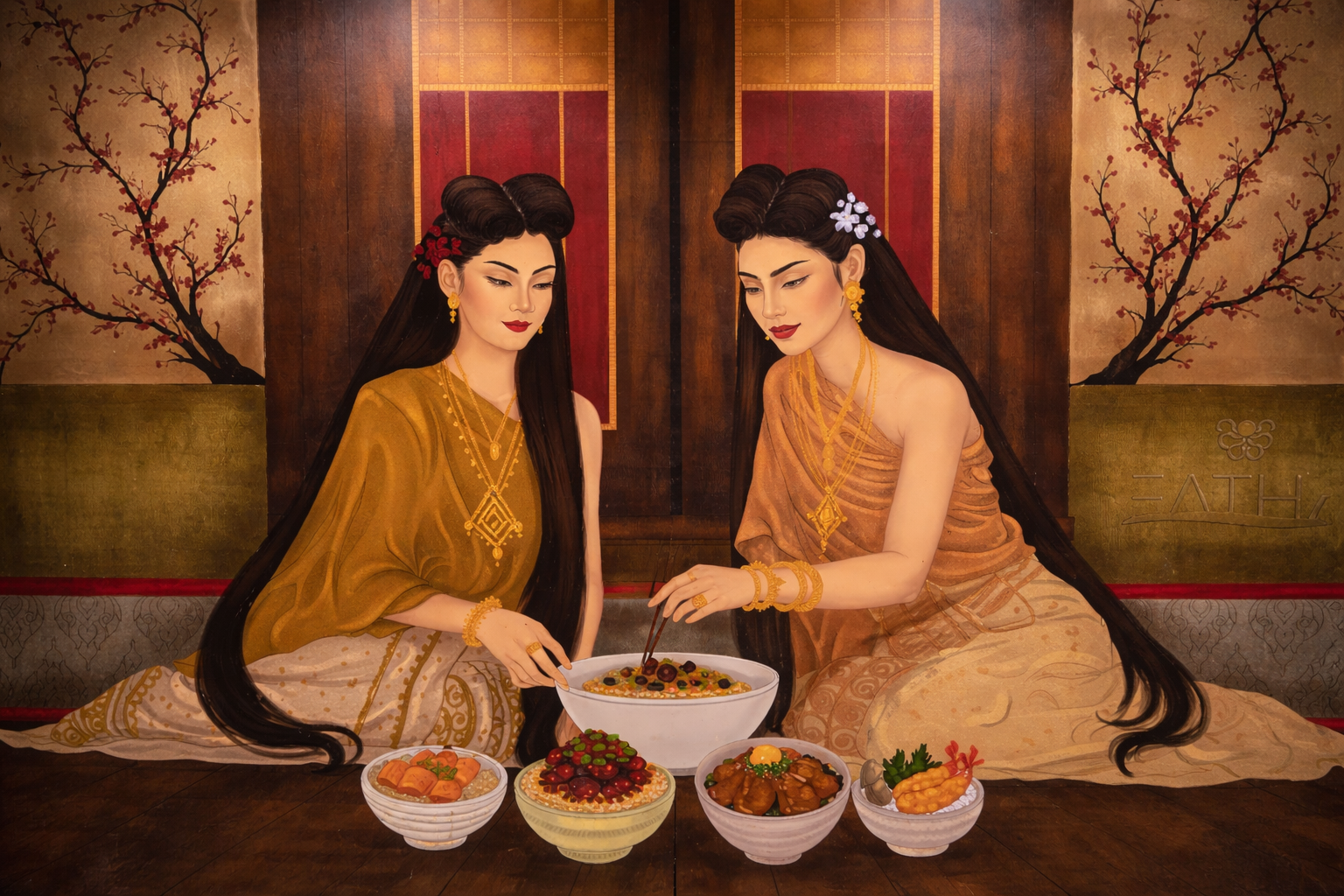 Two women in traditional Asian attire sharing a meal at a table with various dishes, set against a background featuring cherry blossom trees.