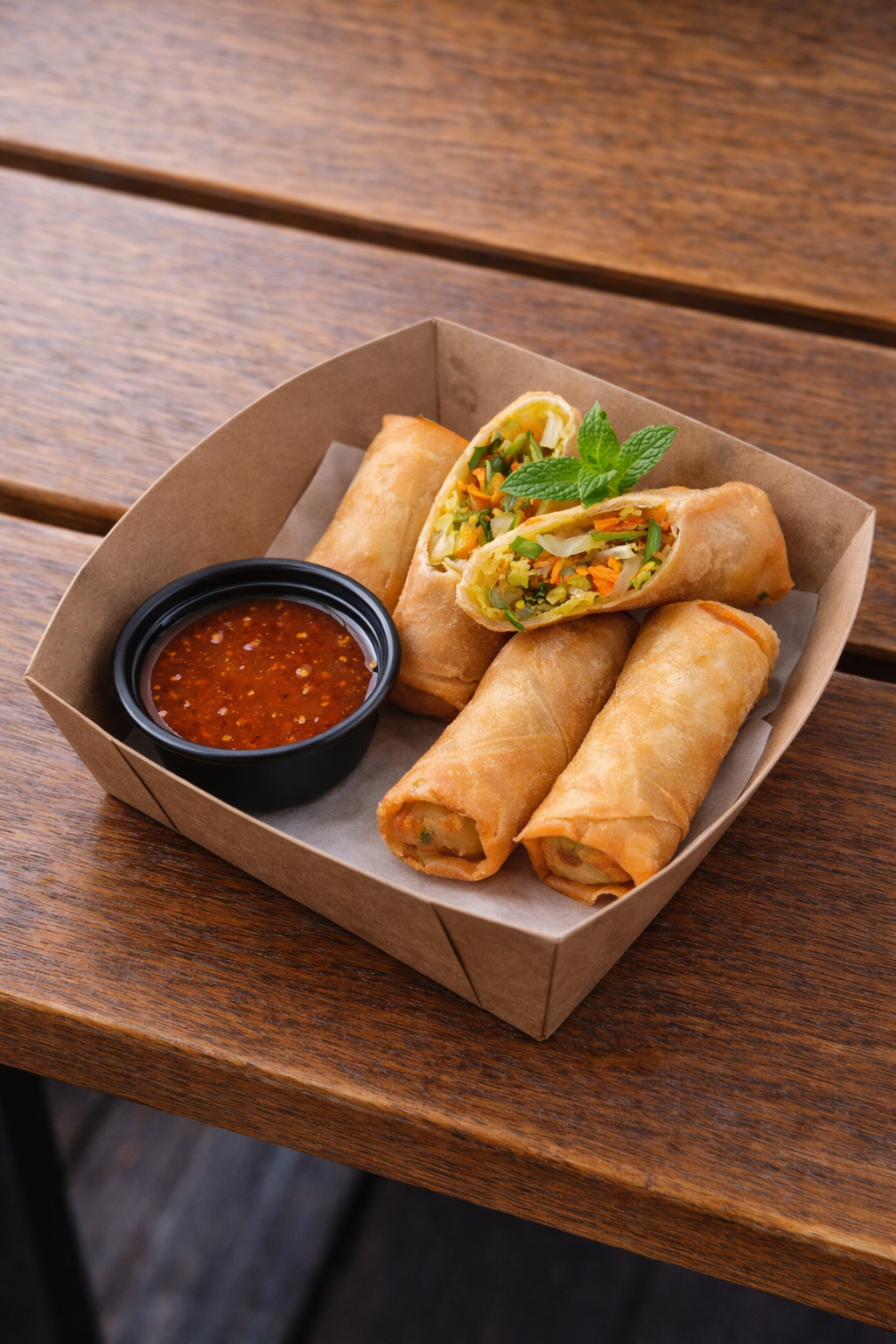 A cardboard tray with four spring rolls, a small black cup of dipping sauce, and a garnish of green mint leaves on top of halved spring rolls, all on a wooden table.
