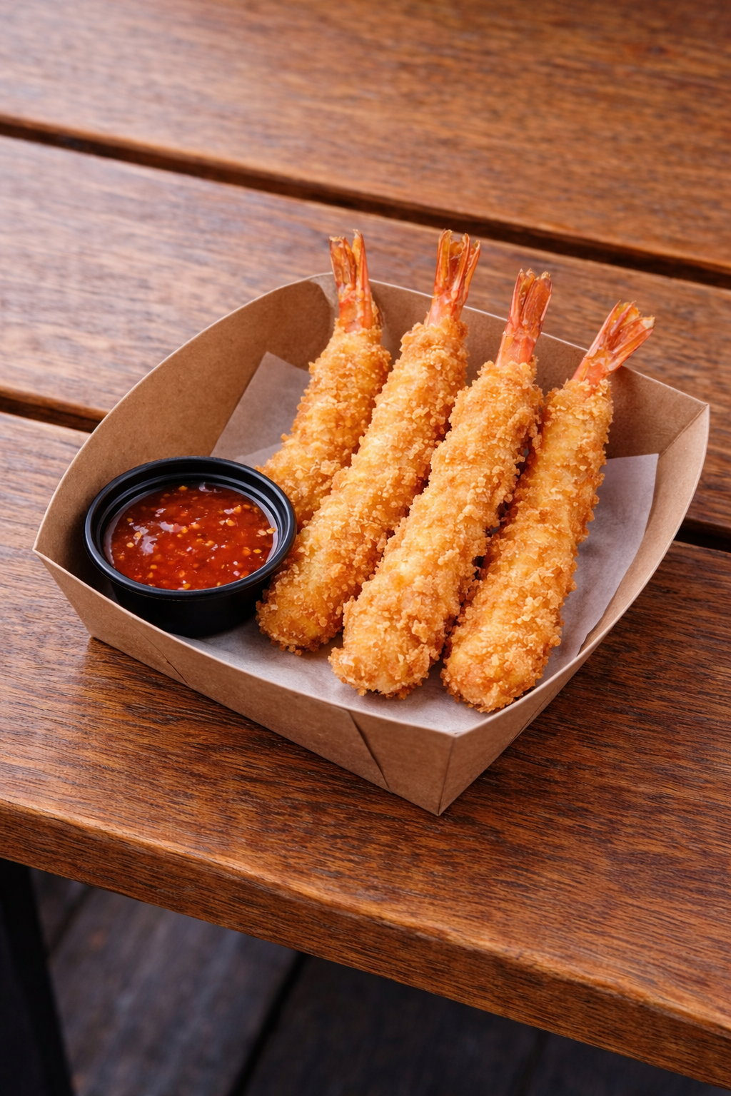 Four battered and fried shrimp with tails attached, served with a small container of dipping sauce in a brown paper tray on a wooden table.