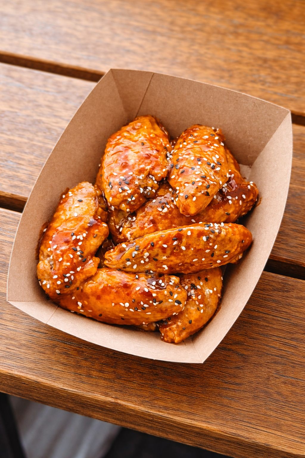 Basket of glazed chicken wings sprinkled with sesame seeds on a wooden table.