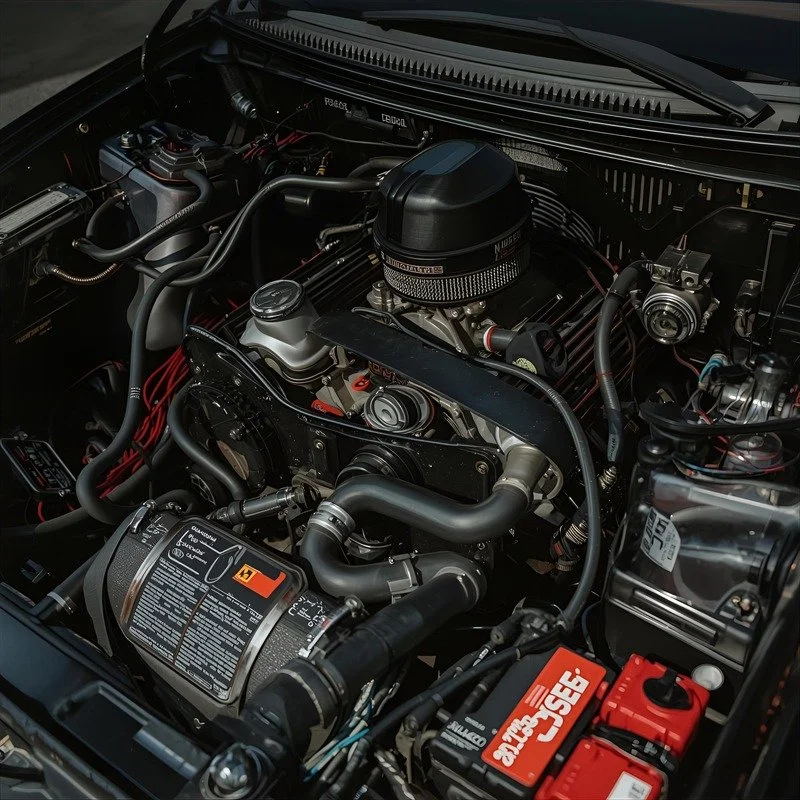 Interior of a car engine bay with various engine components, hoses, and an EGS battery.