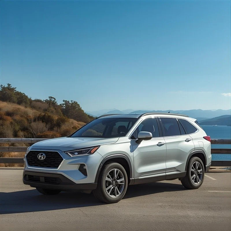 A silver Toyota SUV parked on a bridge overlooking a body of water with hills and mountains in the background under a clear blue sky.