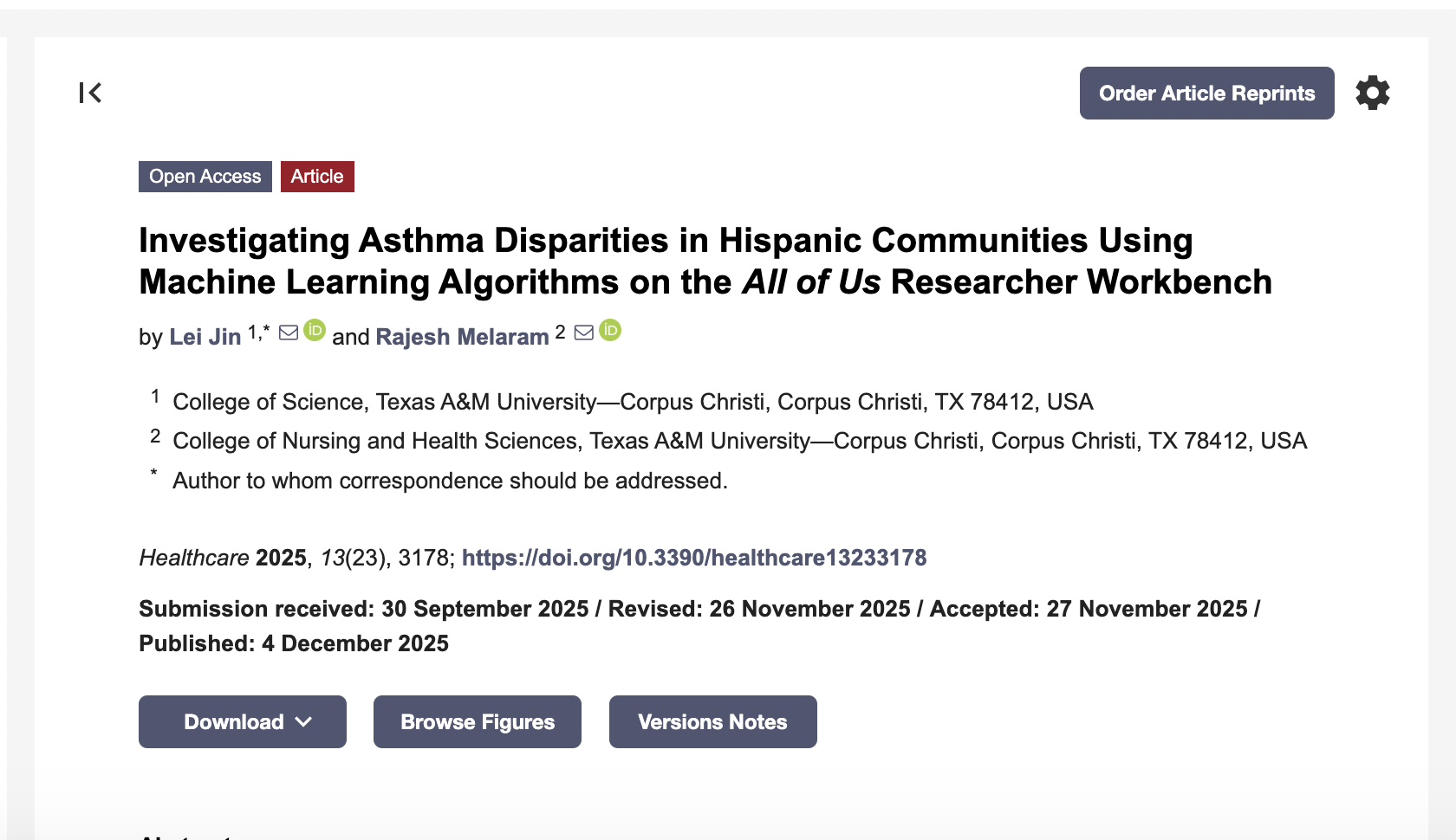 Investigating Asthma Disparities in Hispanic Communities Using Machine Learning Algorithms on the All of Us Researcher Workbench