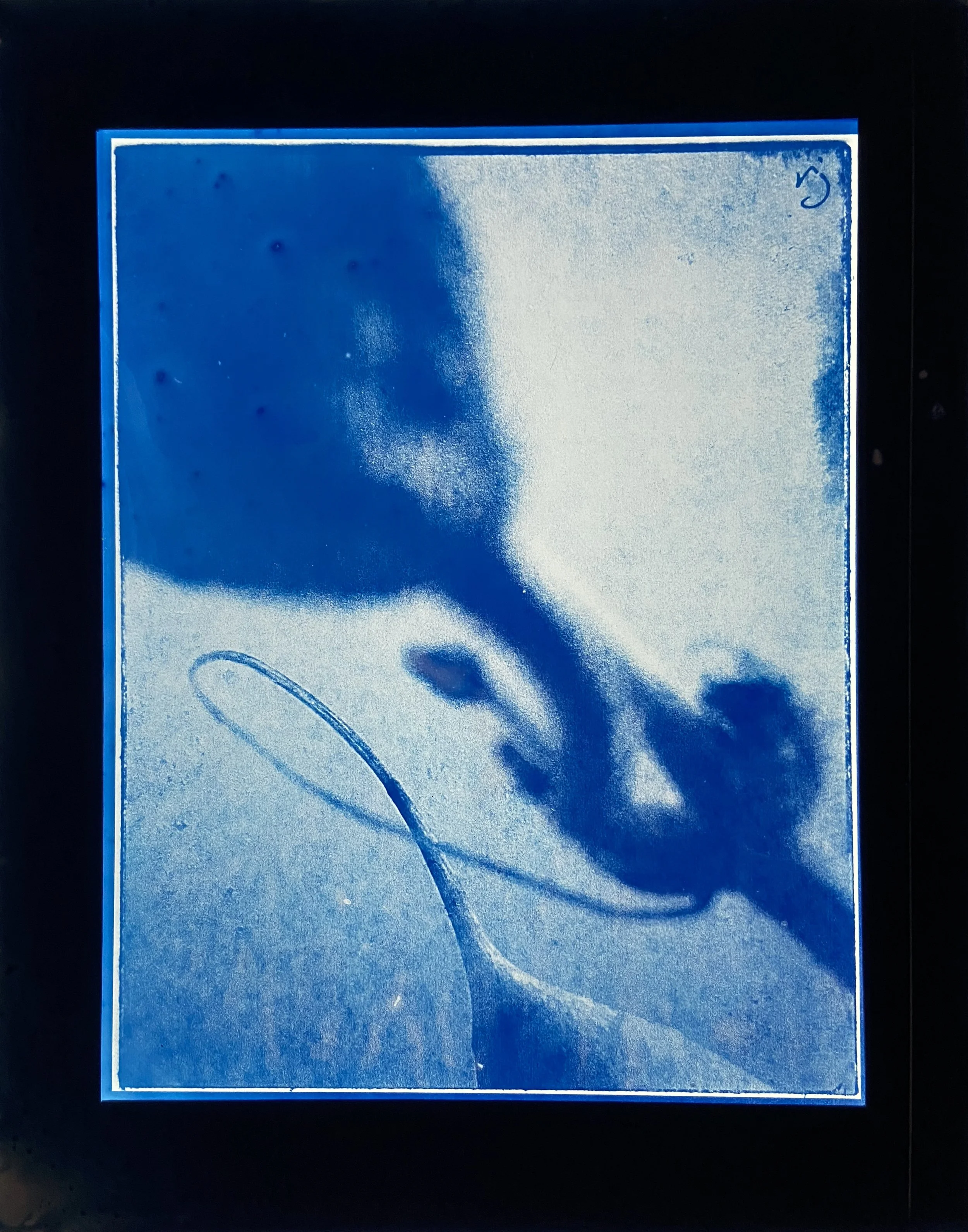 260420 A Spiral Reach (G1) - 8.5X11" Cyanotype Image on 11x14" Glass, Framed
