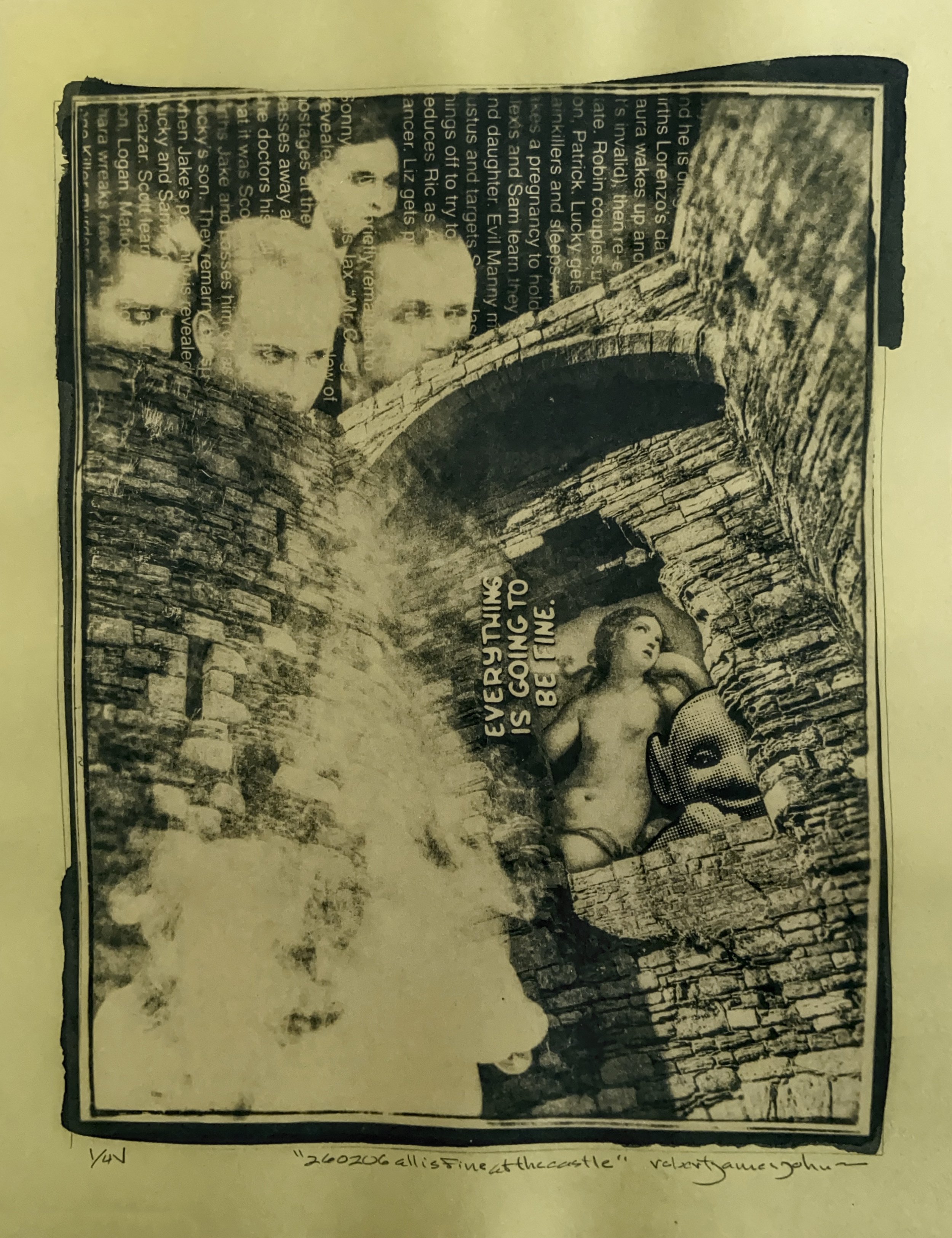A collage featuring a stone bridge, a nude woman with a halo, a mysterious face, and a group of men's portraits. Text includes 'EVERYTHING IS GOING TO BE FINE.'
