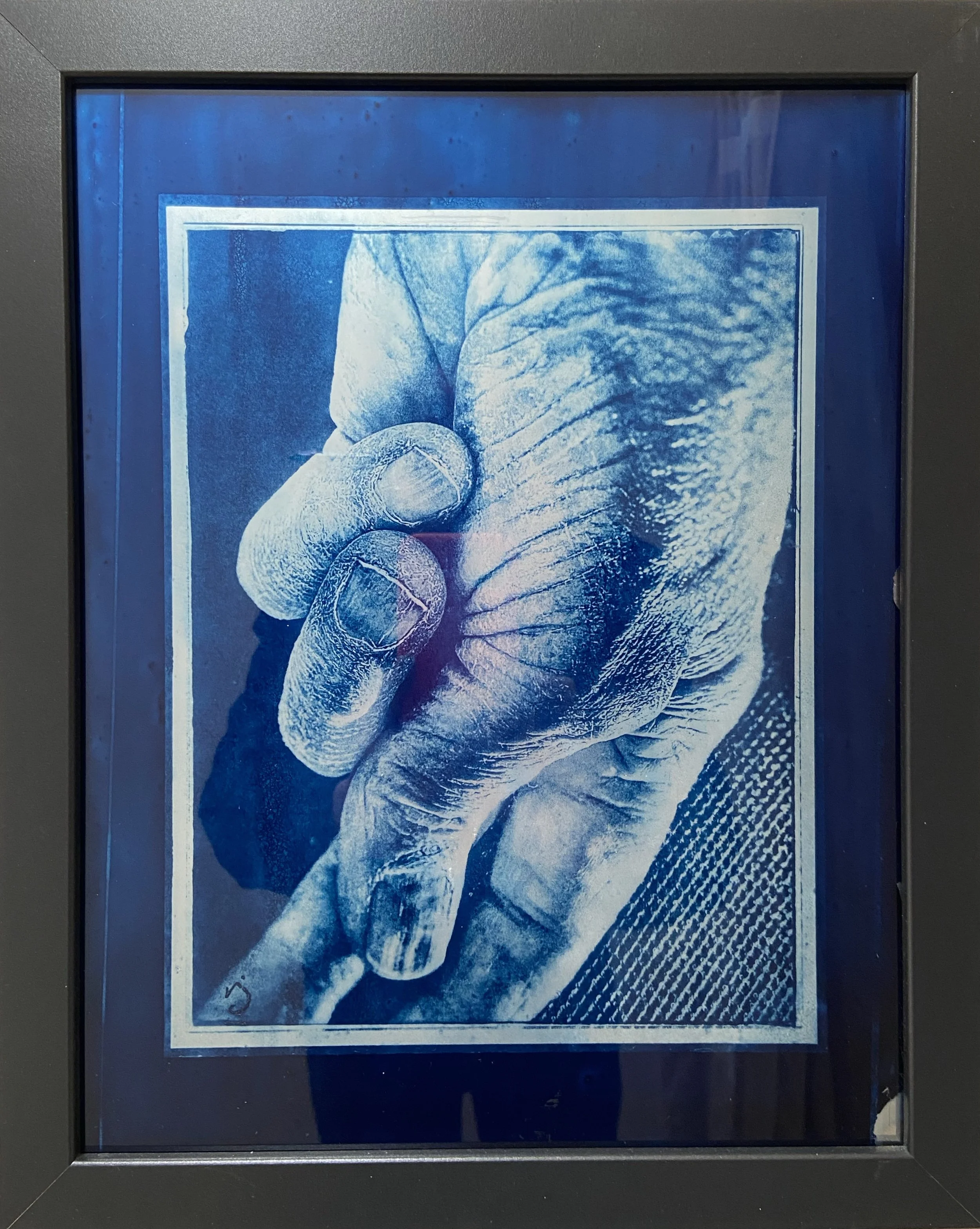 260216 An Artist's Hand (G1) - 8.5X11" Cyanotype Image on 11x14" Glass, Framed