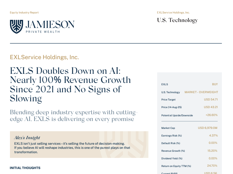 Page from a financial report titled 'EXLS Doubles Down on AI: Nearly 100% Revenue Growth Since 2021 and No Signs of Slowing'. The report includes company name EXLService Holdings, Inc., stock ticker EXLS, and key financial metrics such as market cap, revenue growth, earnings risk, and dividend yield.