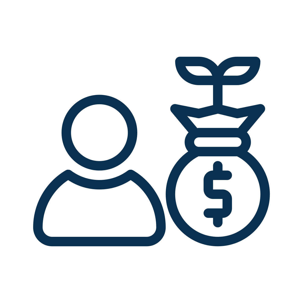 Outline icon of a person and a money bag with a dollar sign, representing financial or monetary gain.