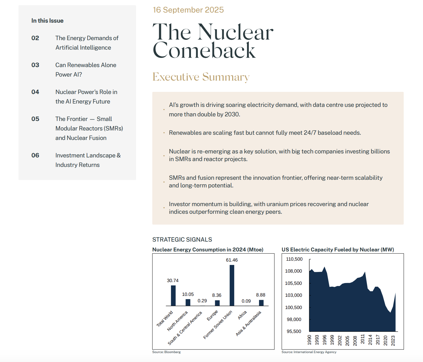 A webpage of a report titled 'The Nuclear Comeback' dated September 16, 2025, featuring an executive summary discussing AI energy demand, renewables, nuclear power, and innovation in small modular reactors and nuclear fusion, with graphs showing nuclear energy consumption in 2024 and US electric capacity fueled by nuclear.