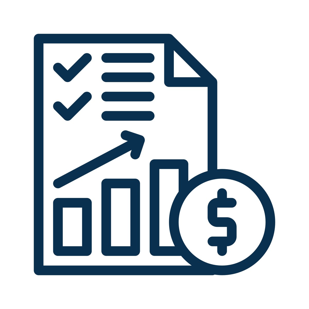 Line chart with upward trend, checklist with checkmarks, and a dollar sign coin