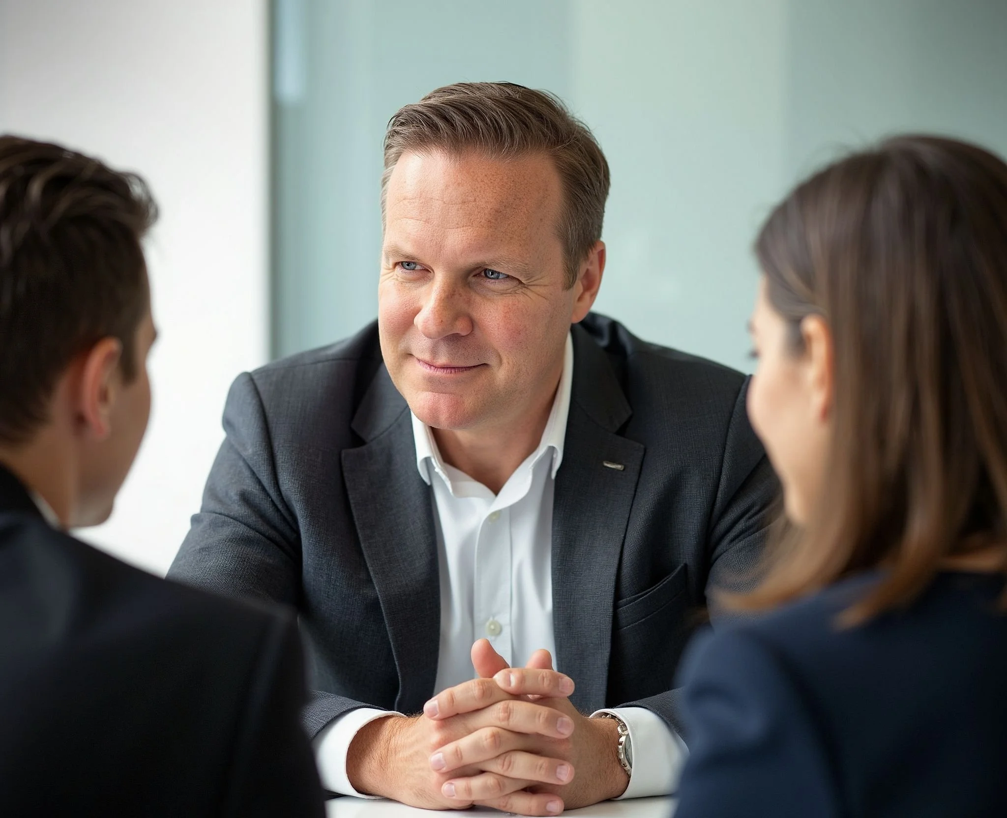 A man in a suit having a conversation with two other people, a man and a woman, during a business meeting.