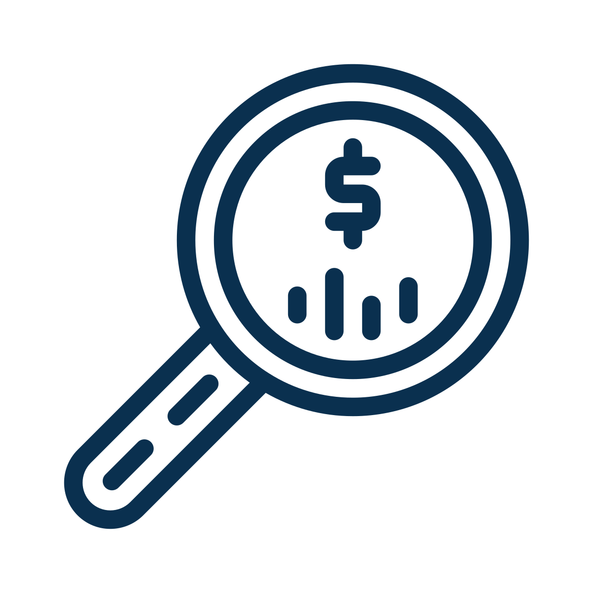 Magnifying glass icon with a dollar sign and chart inside.