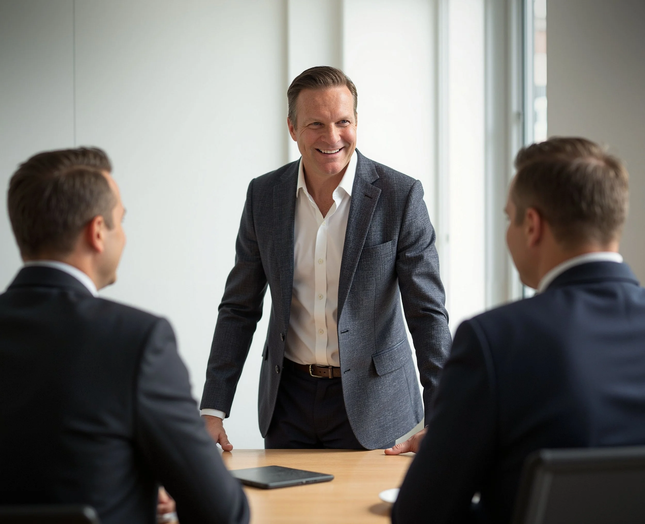 businessman smiling and standing at a conference table with three seated colleagues in a meeting room.