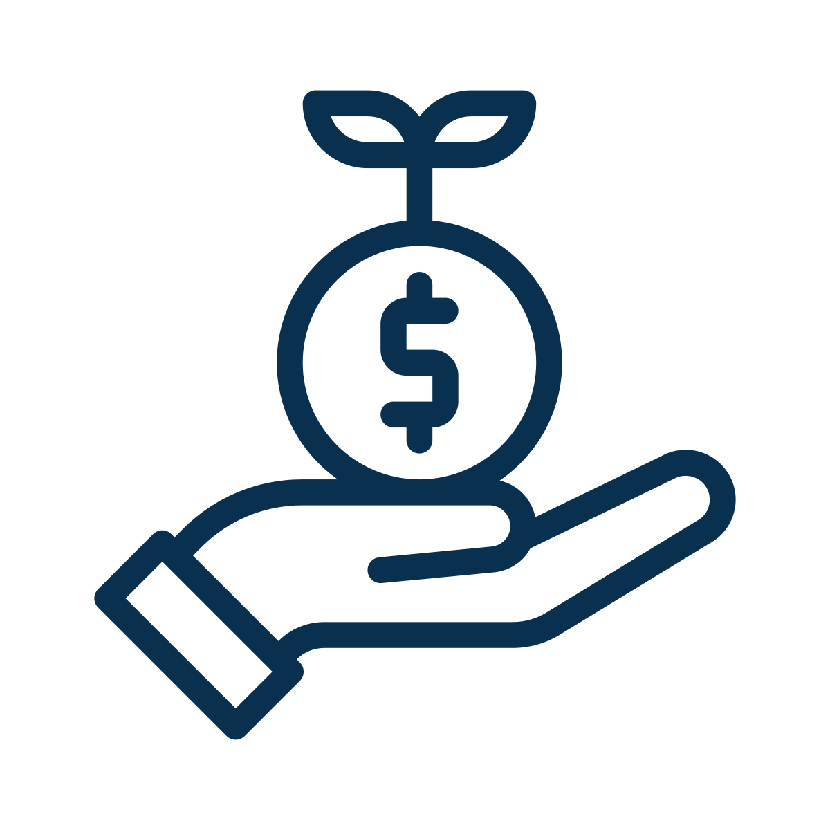 Outline illustration of a hand holding a coin with a dollar sign, topped with a sprouting plant.